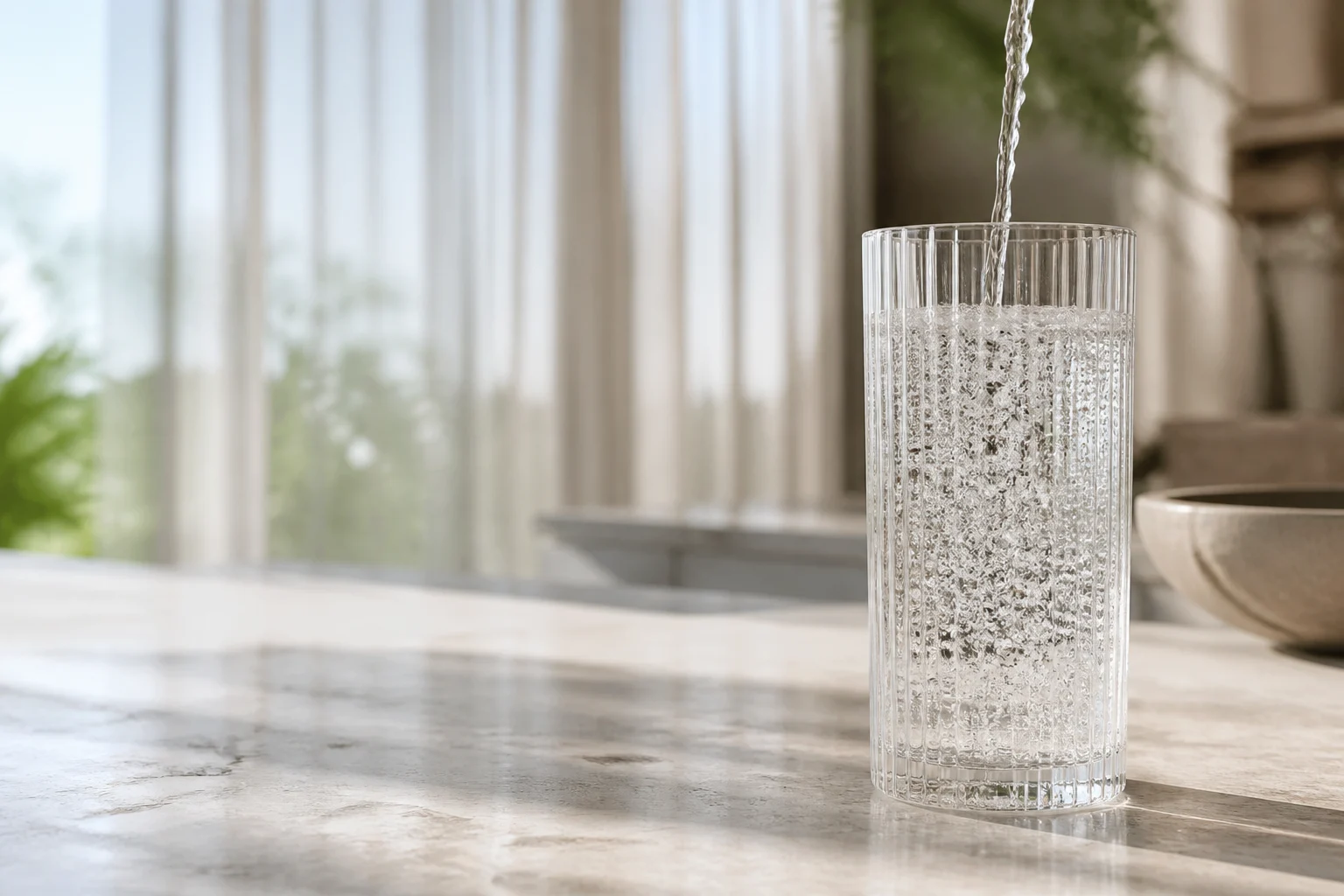 A lively glass of sparkling water with energetic bubbles
