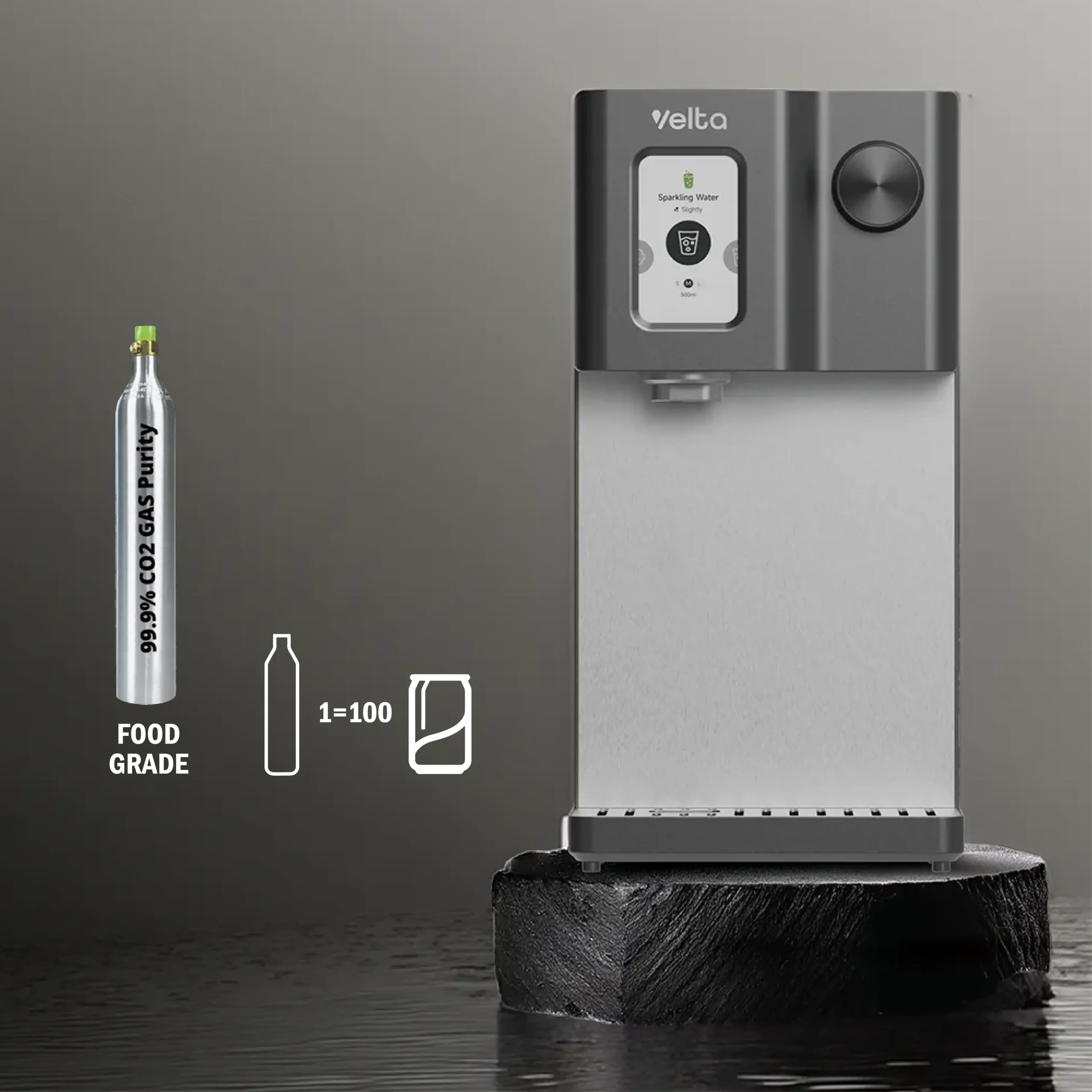 HydroSpark+ beside its 0.6 litre food-grade CO2 cylinder