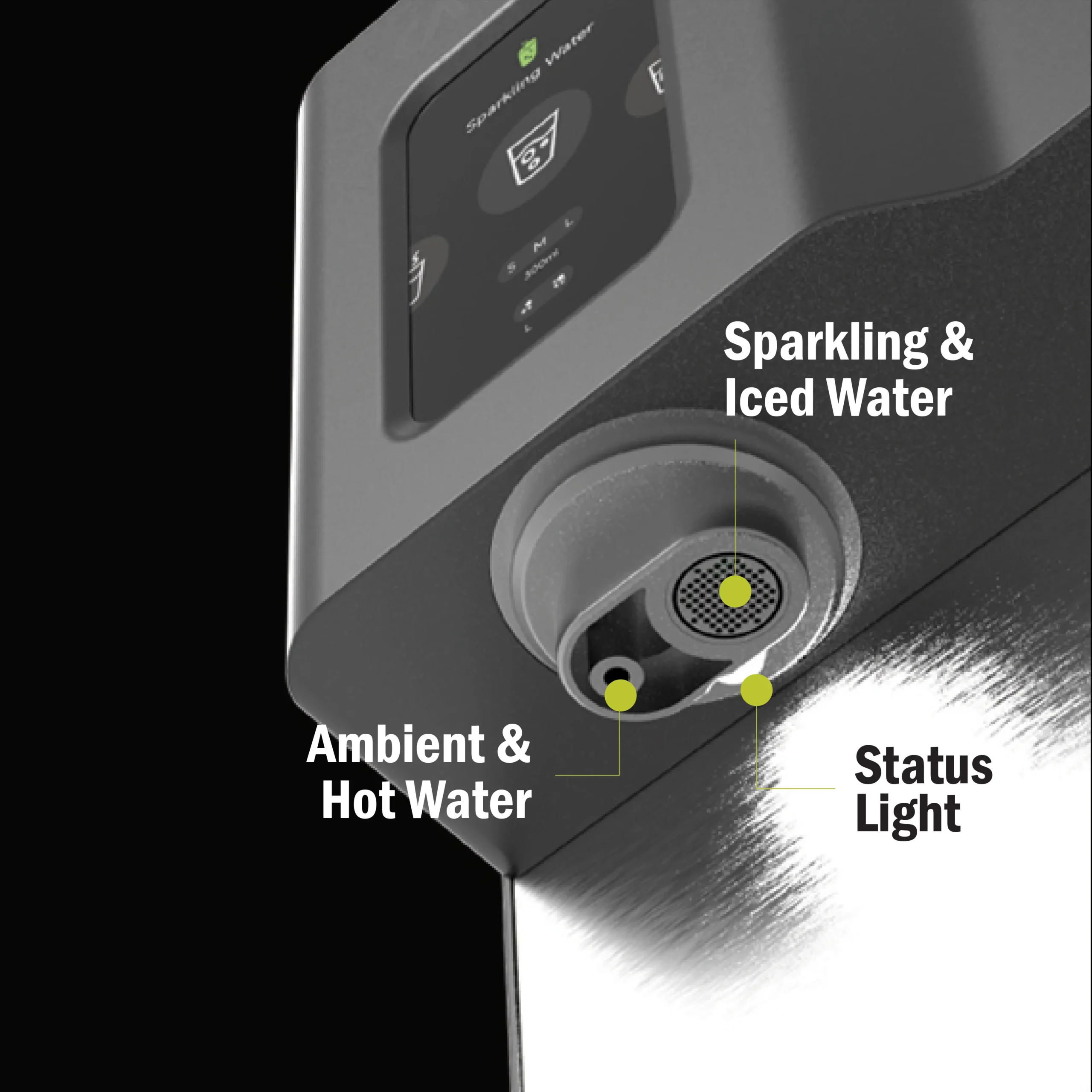Close view of the HydroSpark+ sparkling-water outlet and status light