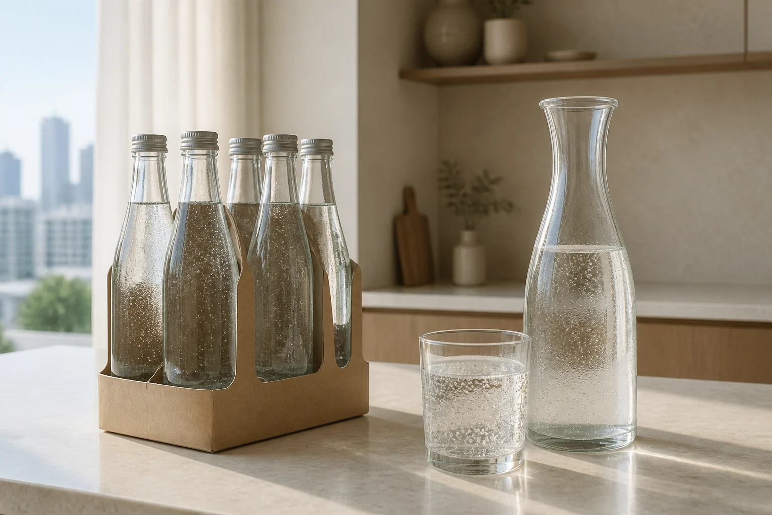 Bottled sparkling water compared with a reusable at-home carafe