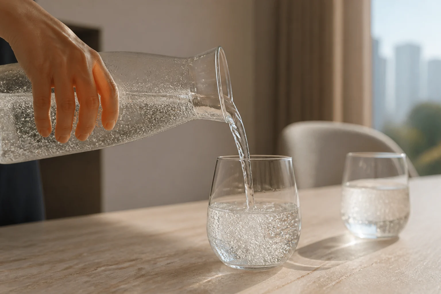 A forceful pour of sparkling water into a clear glass