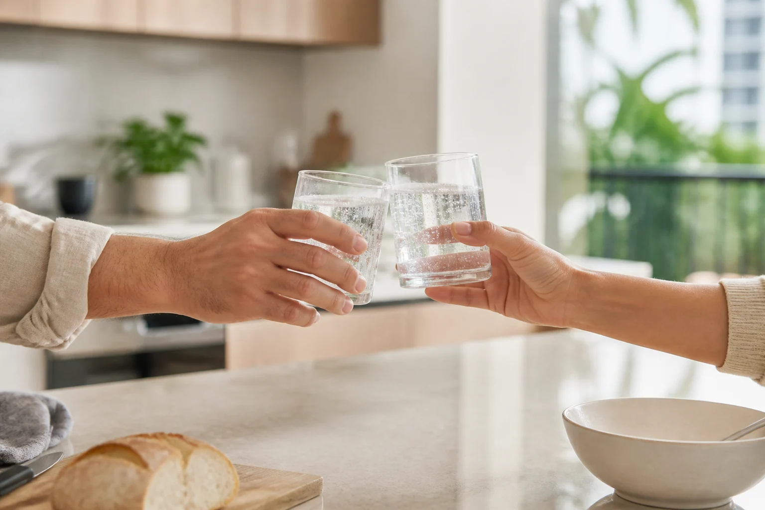Two people raising clean glasses of sparkling water