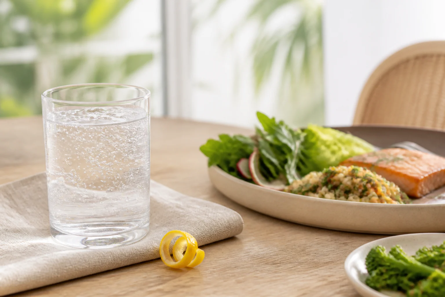 A gentle glass of sparkling water served with a meal