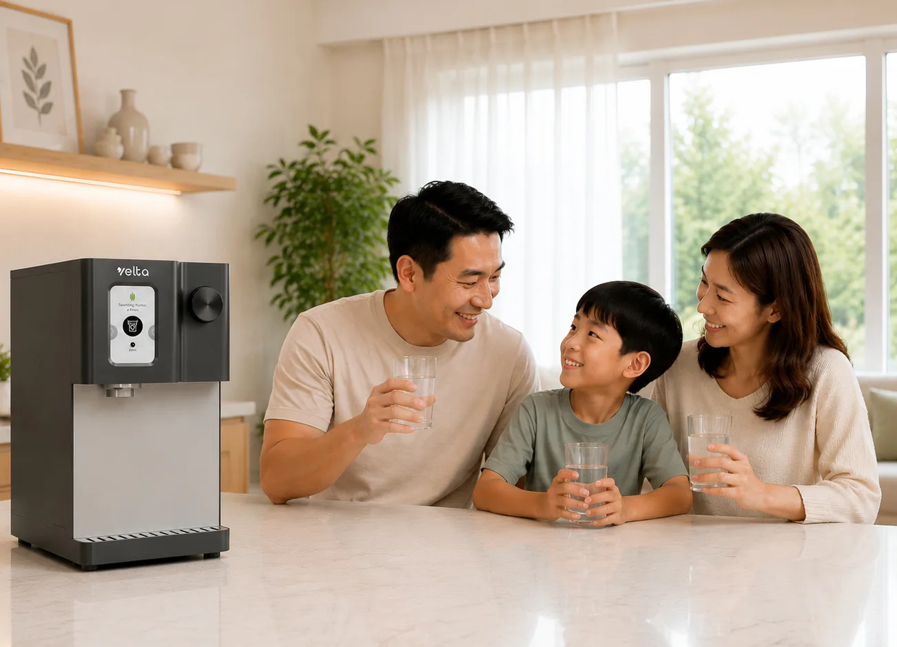 A Singapore family with the Velta HydroSpark+ in their kitchen