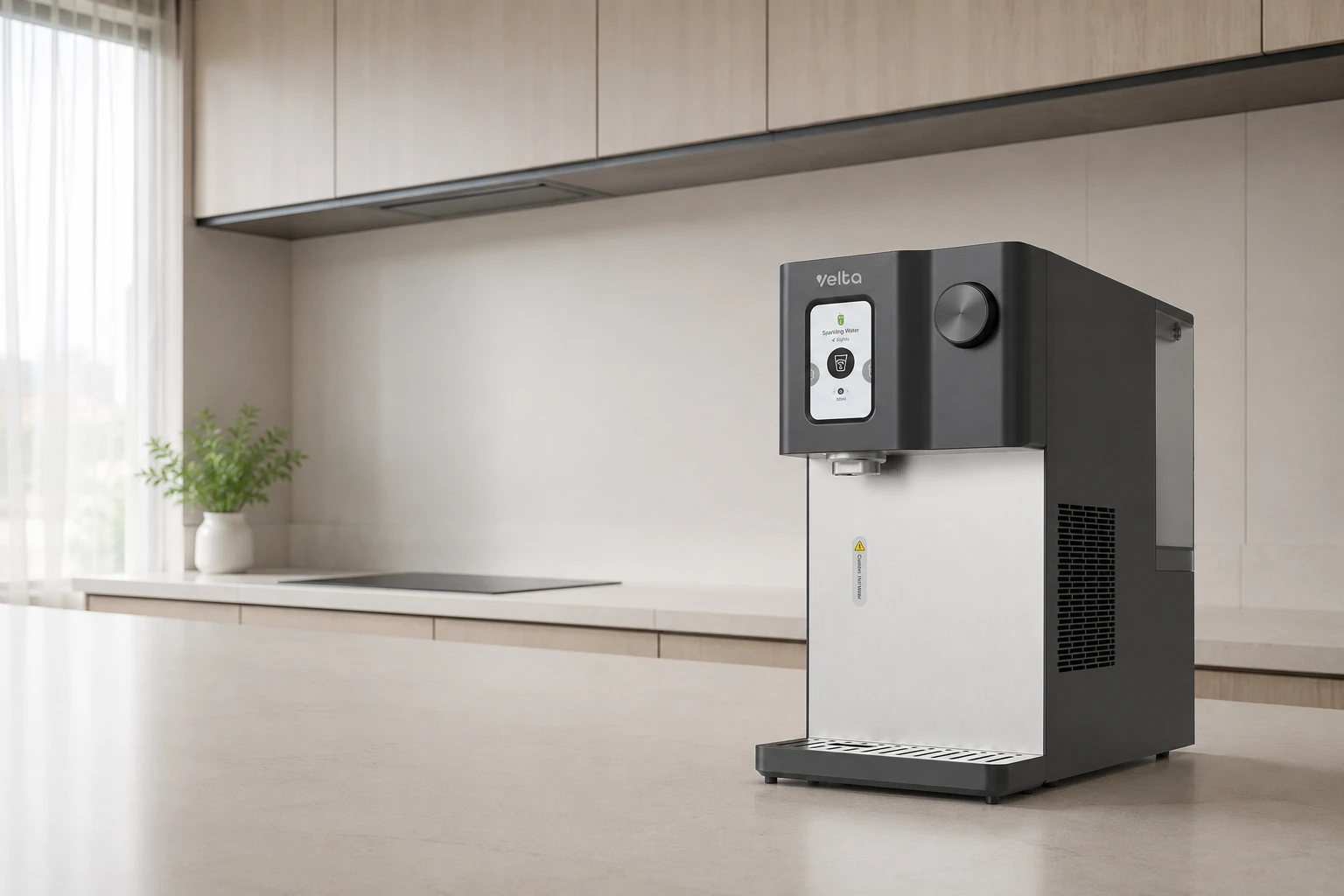 HydroSpark+ ready to dispense sparkling water in a bright kitchen